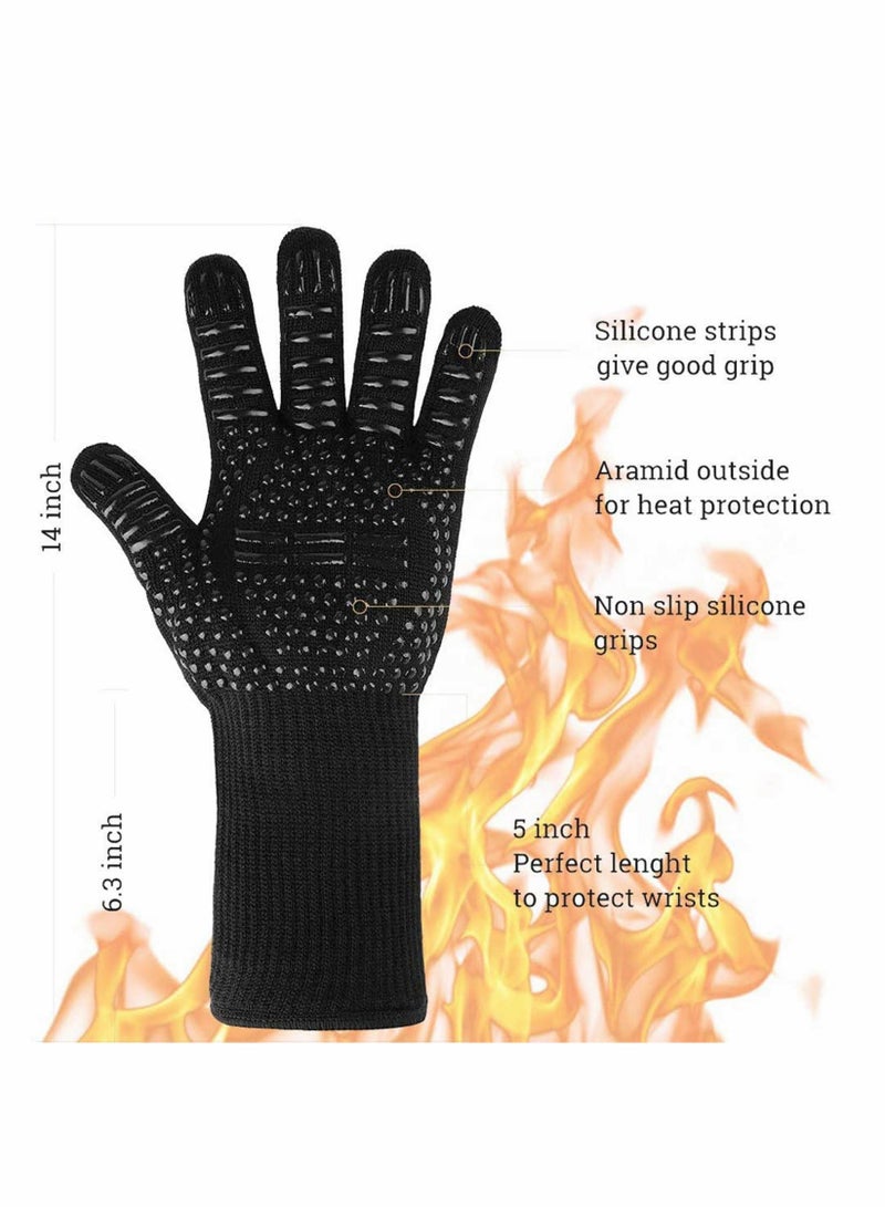 BBQ Gloves, Pizza Oven Accessories, Grilling Gloves Heat Resistant Oven Gloves for BBQ, Grill, Cooking, Baking, Welding, Black (Black, 1 Pair)