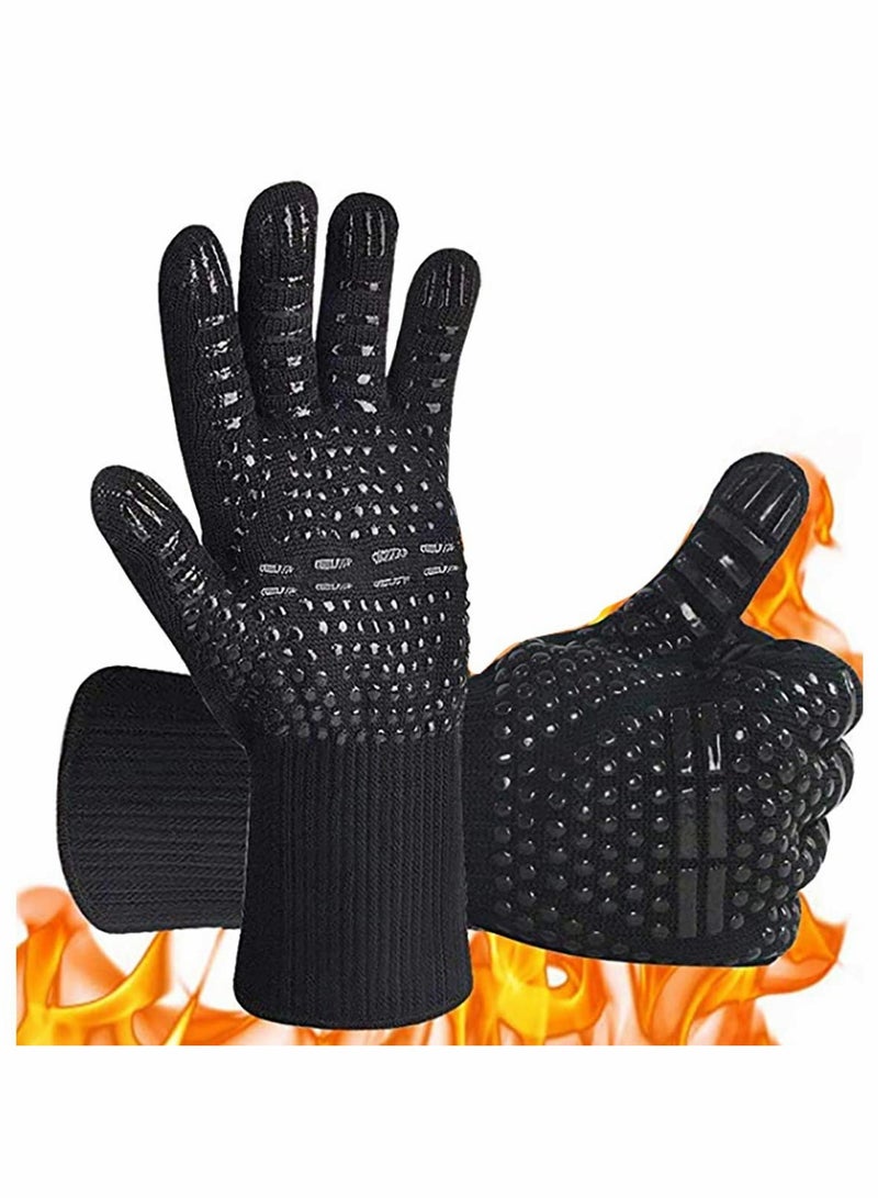 BBQ Gloves, Pizza Oven Accessories, Grilling Gloves Heat Resistant Oven Gloves for BBQ, Grill, Cooking, Baking, Welding, Black (Black, 1 Pair)