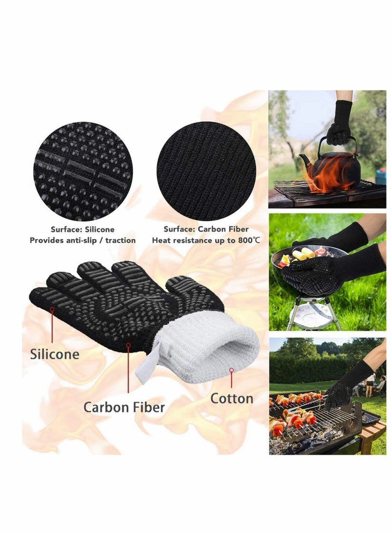 BBQ Gloves, Pizza Oven Accessories, Grilling Gloves Heat Resistant Oven Gloves for BBQ, Grill, Cooking, Baking, Welding, Black (Black, 1 Pair)