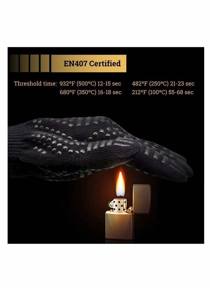 BBQ Gloves, Pizza Oven Accessories, Grilling Gloves Heat Resistant Oven Gloves for BBQ, Grill, Cooking, Baking, Welding, Black (Black, 1 Pair)