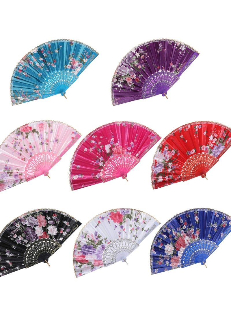 Folding Fans Chinese Fan Floral Hand Silk Bamboo Foldable Vintage Handheld Lace with Different Flower Patterns Fabric