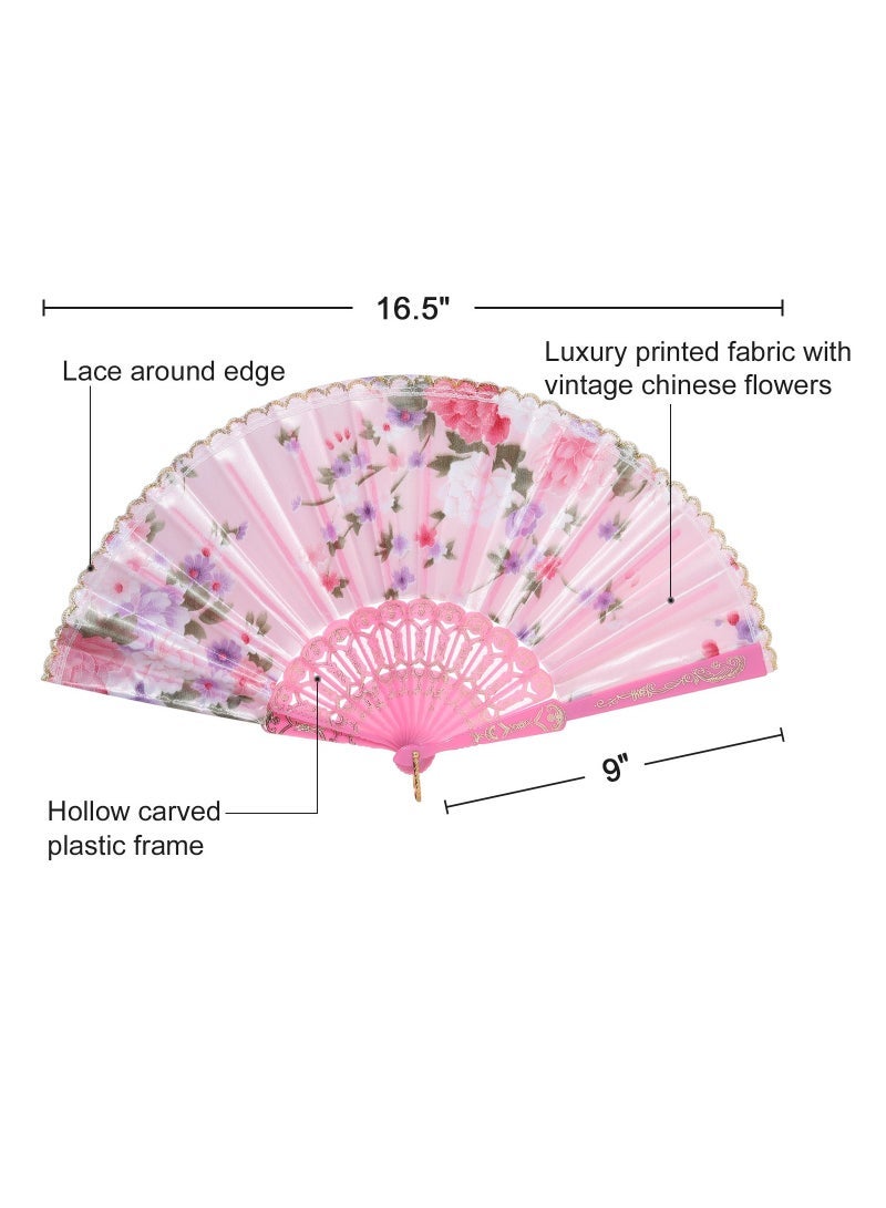 Folding Fans Chinese Fan Floral Hand Silk Bamboo Foldable Vintage Handheld Lace with Different Flower Patterns Fabric