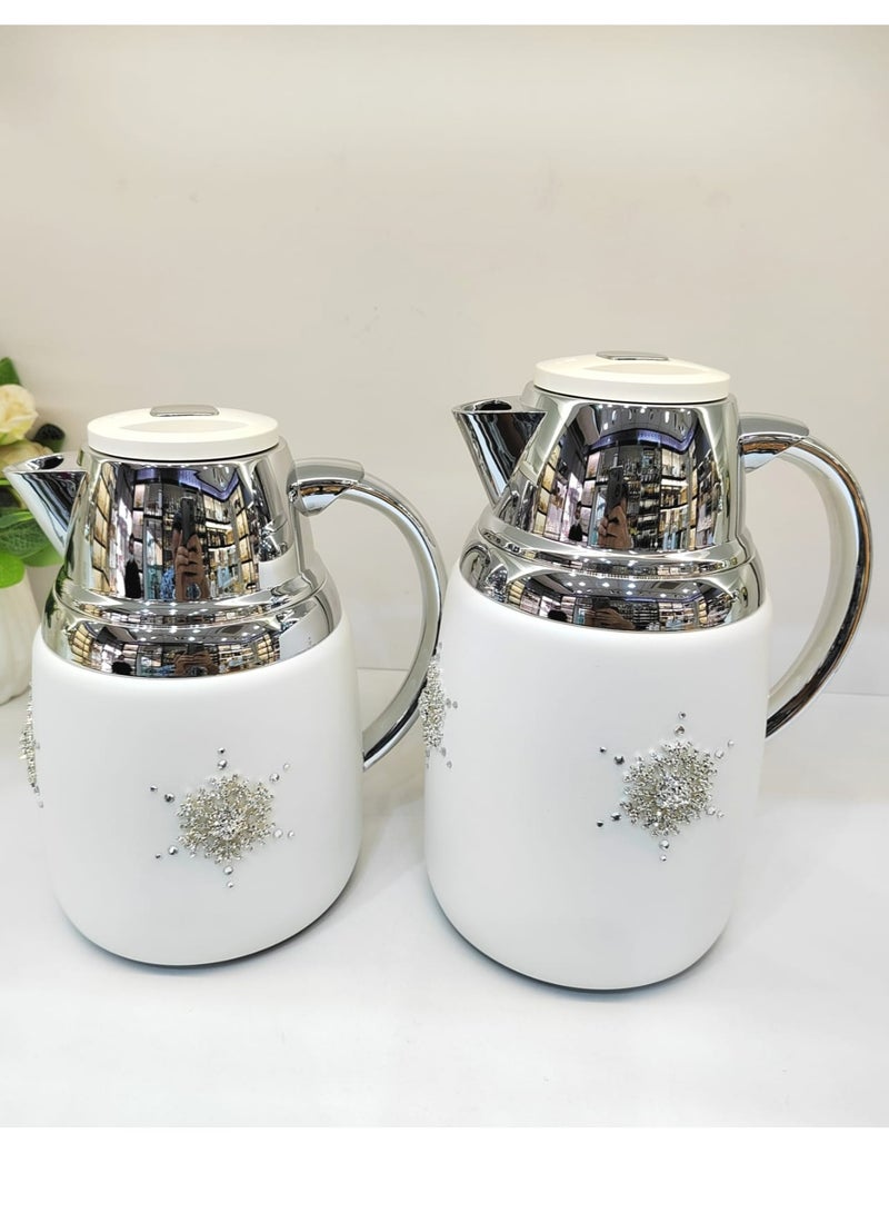 2Piece Vacuum Flask White Silver 1Liters With Handmade Design Silver Flower Damanhoor