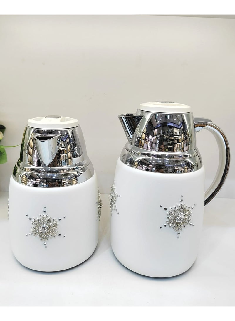 2Piece Vacuum Flask White Silver 1Liters With Handmade Design Silver Flower Damanhoor