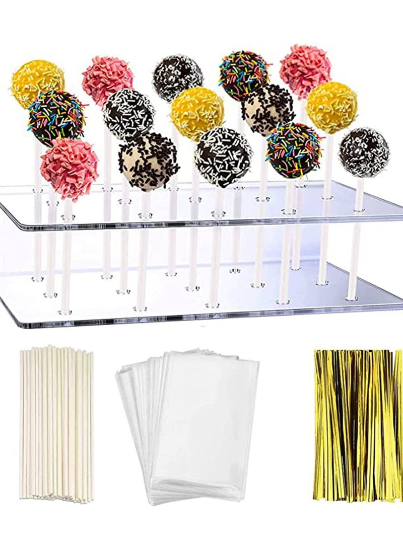 Acrylic Lollipop Holder Clear Cake Pop Stand Treats Bags Sticks and Gold Metallic Twist Ties for Candy Making Tools Baby Showers Birthday Parties Anniversaries