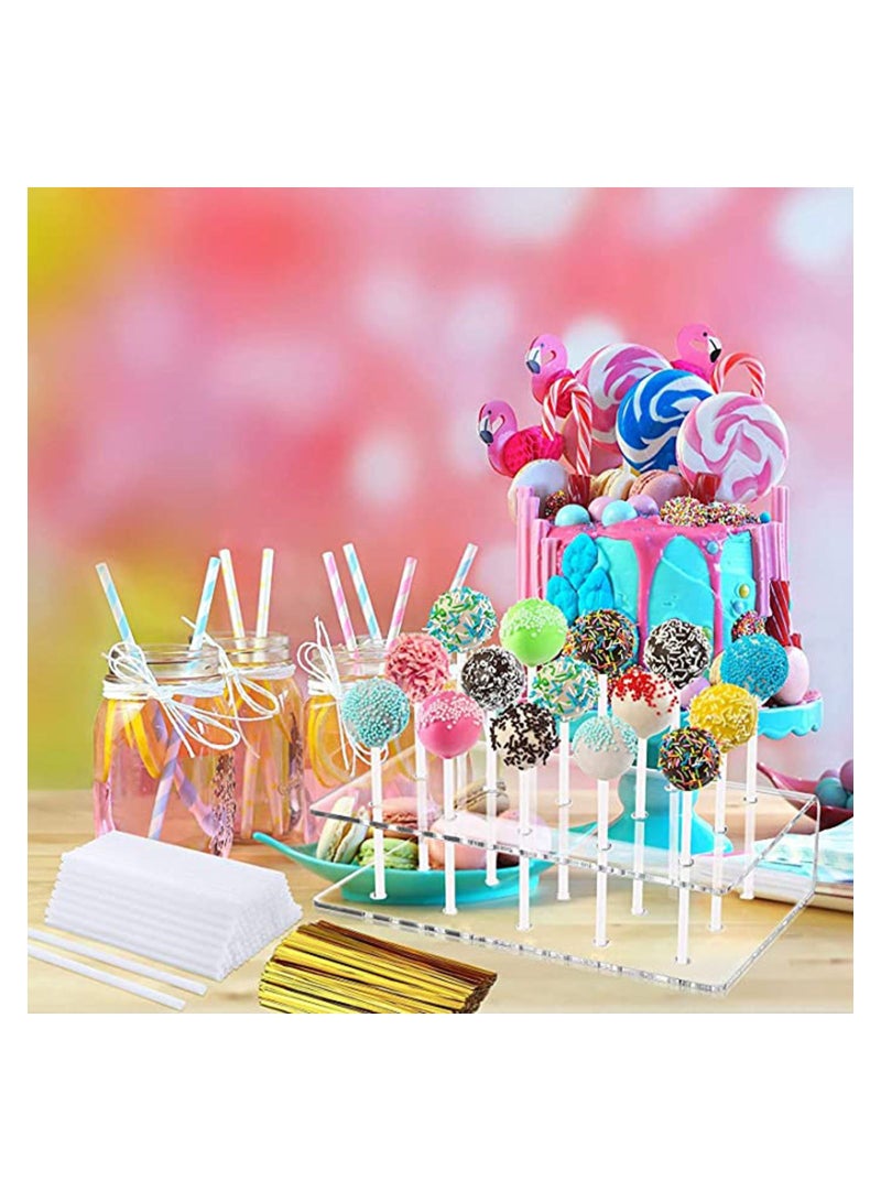 Acrylic Lollipop Holder Clear Cake Pop Stand Treats Bags Sticks and Gold Metallic Twist Ties for Candy Making Tools Baby Showers Birthday Parties Anniversaries