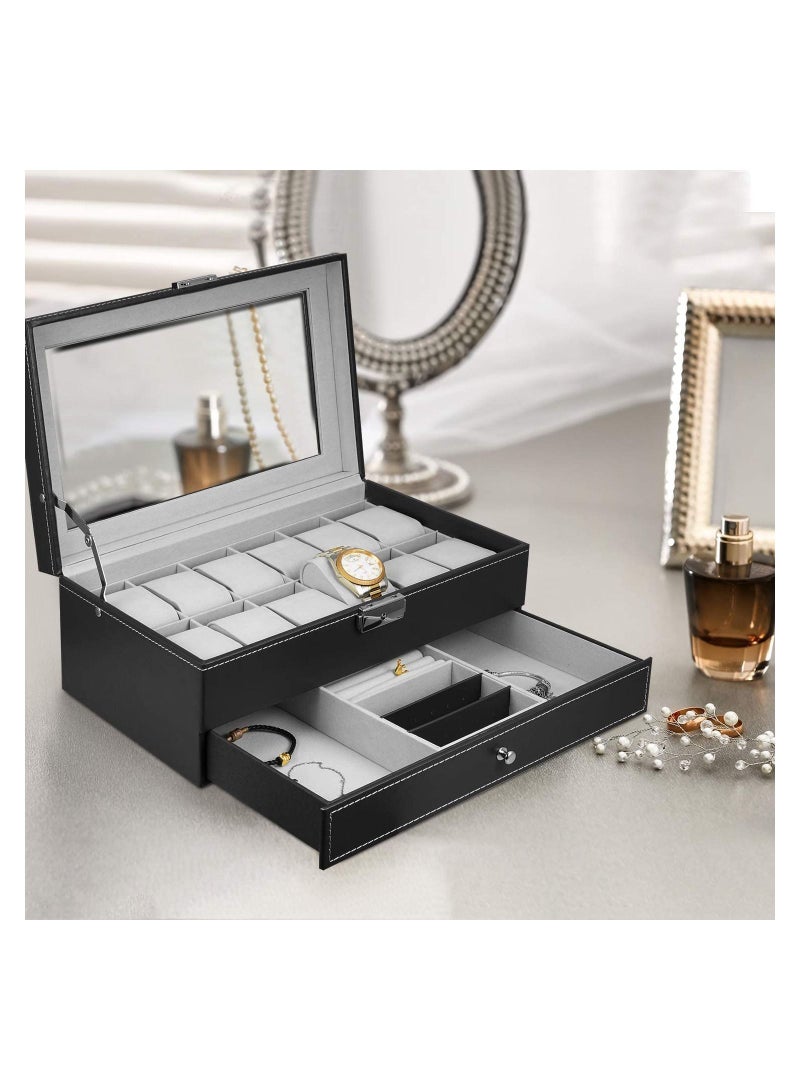 12 Watch Organizer With Jewelry Display Drawer Lockable Watch Case Organizer