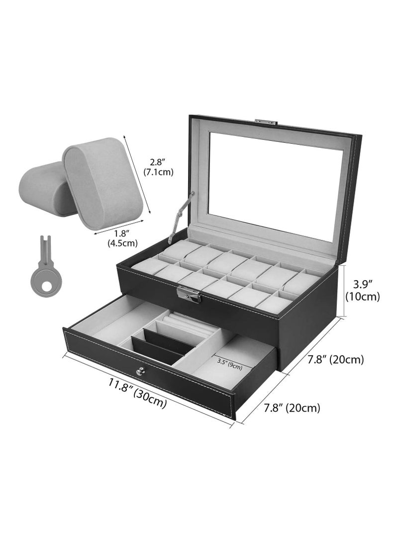 12 Watch Organizer With Jewelry Display Drawer Lockable Watch Case Organizer