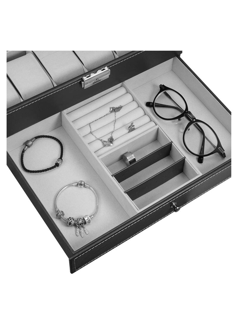 12 Watch Organizer With Jewelry Display Drawer Lockable Watch Case Organizer