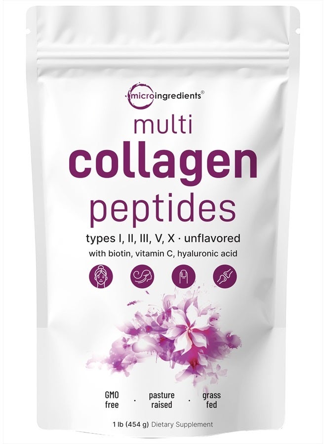 Multi Collagen Peptides Powder Type I,II,III,V,X with Hyaluronic Acid, Biotin & Vitamin C - Unflavored 16 Oz-(454g)