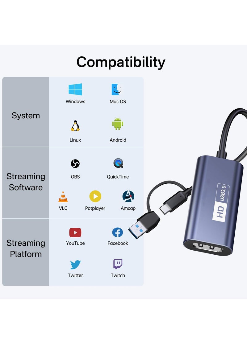 4K HDMI Capture Card - USB 3.0 to USB-A/C, 1080P 60FPS Video Capture for Live Streaming/ Gaming/ Meeting, Compatible with Windows/Mac OS System, Switch PS4/5 Xbox OBS Zoom