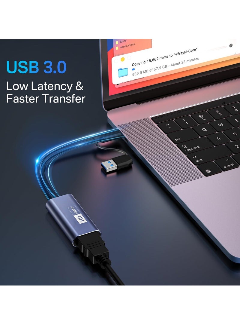 4K HDMI Capture Card - USB 3.0 to USB-A/C, 1080P 60FPS Video Capture for Live Streaming/ Gaming/ Meeting, Compatible with Windows/Mac OS System, Switch PS4/5 Xbox OBS Zoom
