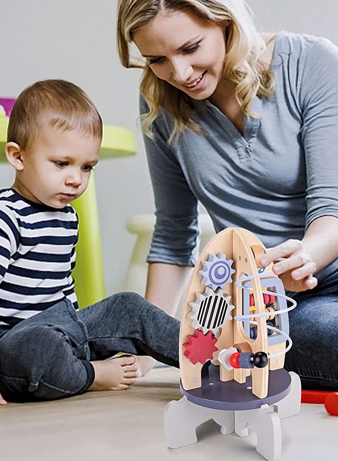 Baybee 4 in 1 Wooden Activity Rocket Cube Toy for Kids Educational Toy with Rotating Gears Abacus Beads And Maze Montessori Learning Toys Preschool Activity Center Toys for Boys Girls 1 Years