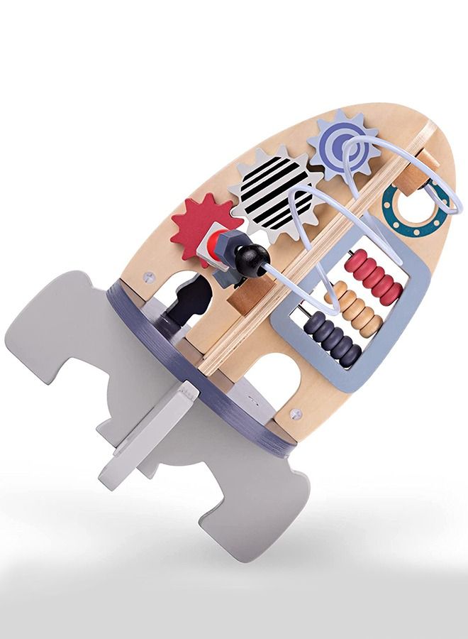Baybee 4 in 1 Wooden Activity Rocket Cube Toy for Kids Educational Toy with Rotating Gears Abacus Beads And Maze Montessori Learning Toys Preschool Activity Center Toys for Boys Girls 1 Years