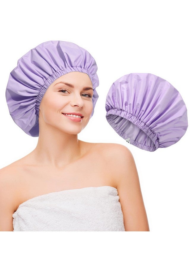 2 Layers Large Shower Caps For Women Reusable Waterproof Hair Cap For Shower Long Hair Adjustable Bath Cap With Elastic Band (Purple)