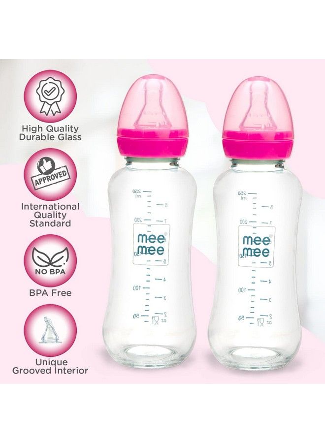 Premium Glass Feeding Bottle With Eazy Flow Technology Anti Colic Valveanti Slipbpa Free Baby Feeding Bottle For Babies & Toddlers(Pink 240Ml Pack Of 2)