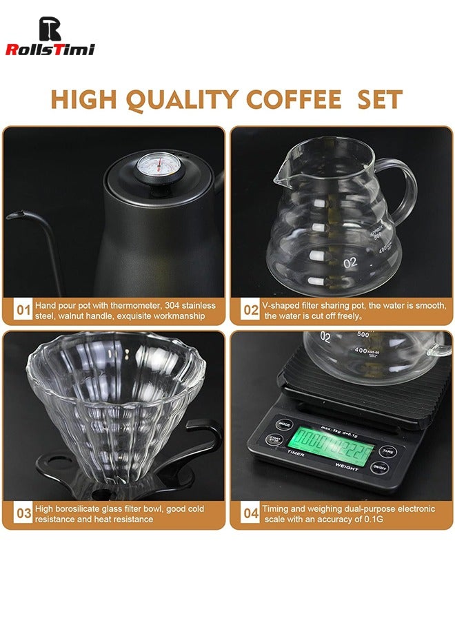Pour Over Coffee Maker 7 Piece with Portable Carry Case, Coffee Kettle with Thermometer, Drip Filter Coffee Share Pot,Filters,Coffee Scale,Double wall Mug,Manual Coffee Grinders