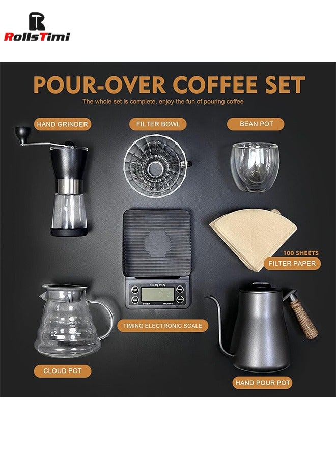 Pour Over Coffee Maker 7 Piece with Portable Carry Case, Coffee Kettle with Thermometer, Drip Filter Coffee Share Pot,Filters,Coffee Scale,Double wall Mug,Manual Coffee Grinders