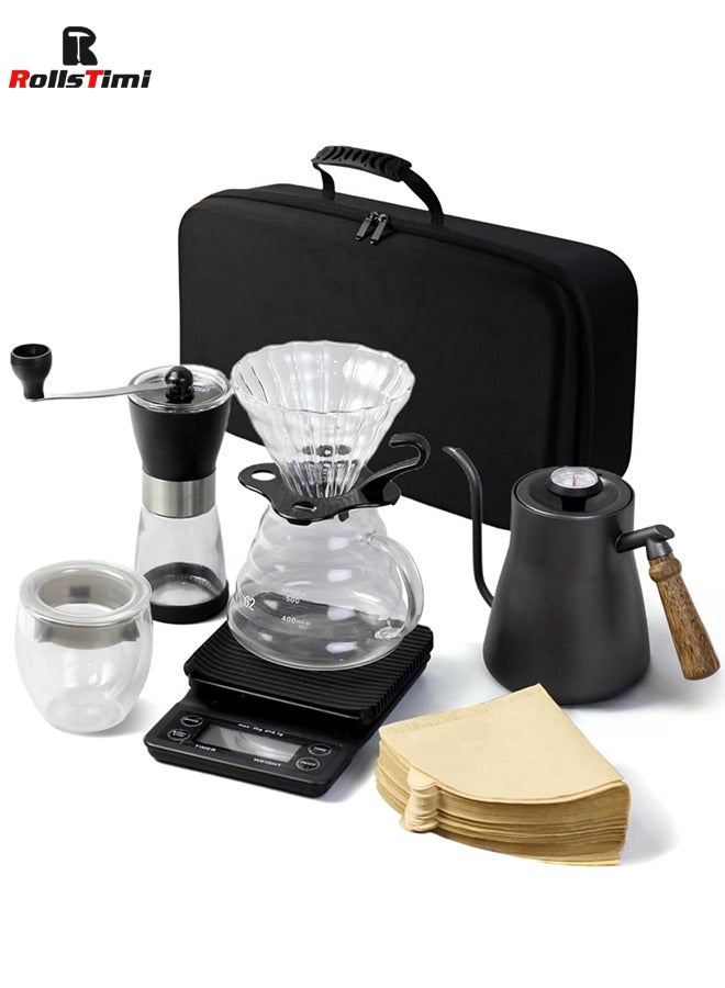Pour Over Coffee Maker 7 Piece with Portable Carry Case, Coffee Kettle with Thermometer, Drip Filter Coffee Share Pot,Filters,Coffee Scale,Double wall Mug,Manual Coffee Grinders