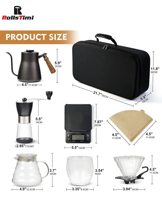 Pour Over Coffee Maker 7 Piece with Portable Carry Case, Coffee Kettle with Thermometer, Drip Filter Coffee Share Pot,Filters,Coffee Scale,Double wall Mug,Manual Coffee Grinders