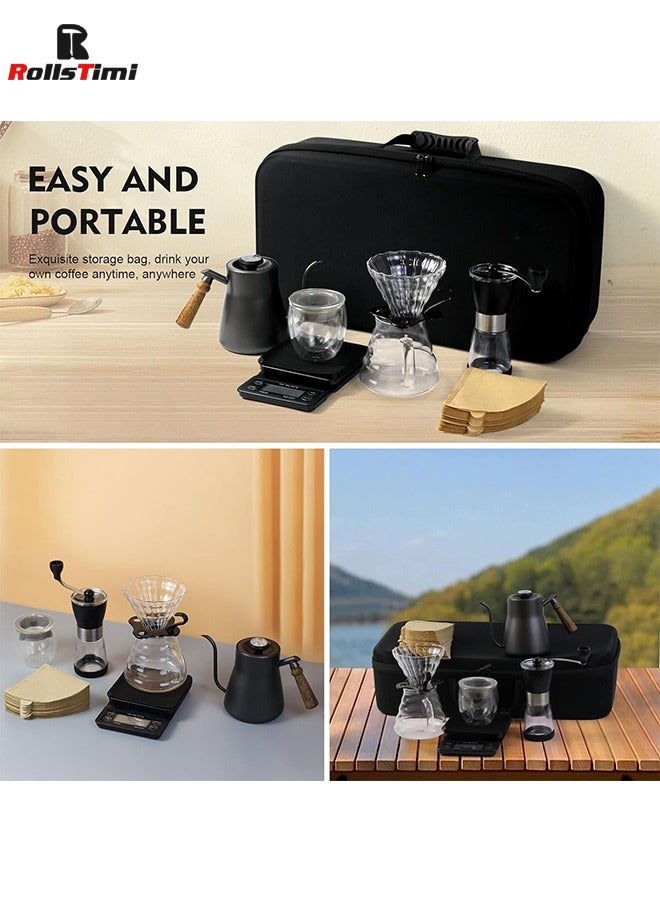 Pour Over Coffee Maker 7 Piece with Portable Carry Case, Coffee Kettle with Thermometer, Drip Filter Coffee Share Pot,Filters,Coffee Scale,Double wall Mug,Manual Coffee Grinders