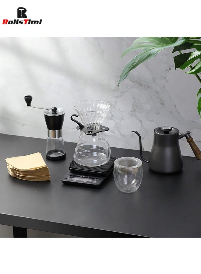 Pour Over Coffee Maker 7 Piece with Portable Carry Case, Coffee Kettle with Thermometer, Drip Filter Coffee Share Pot,Filters,Coffee Scale,Double wall Mug,Manual Coffee Grinders