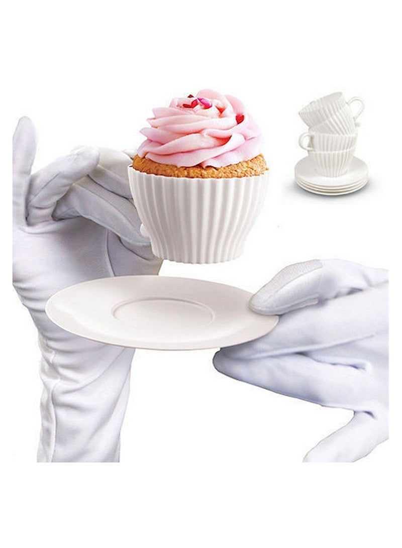 Muffin Cups for Baking Cupcake Liners Reusable Chocolate 8 Teacups with 8 Saucers White