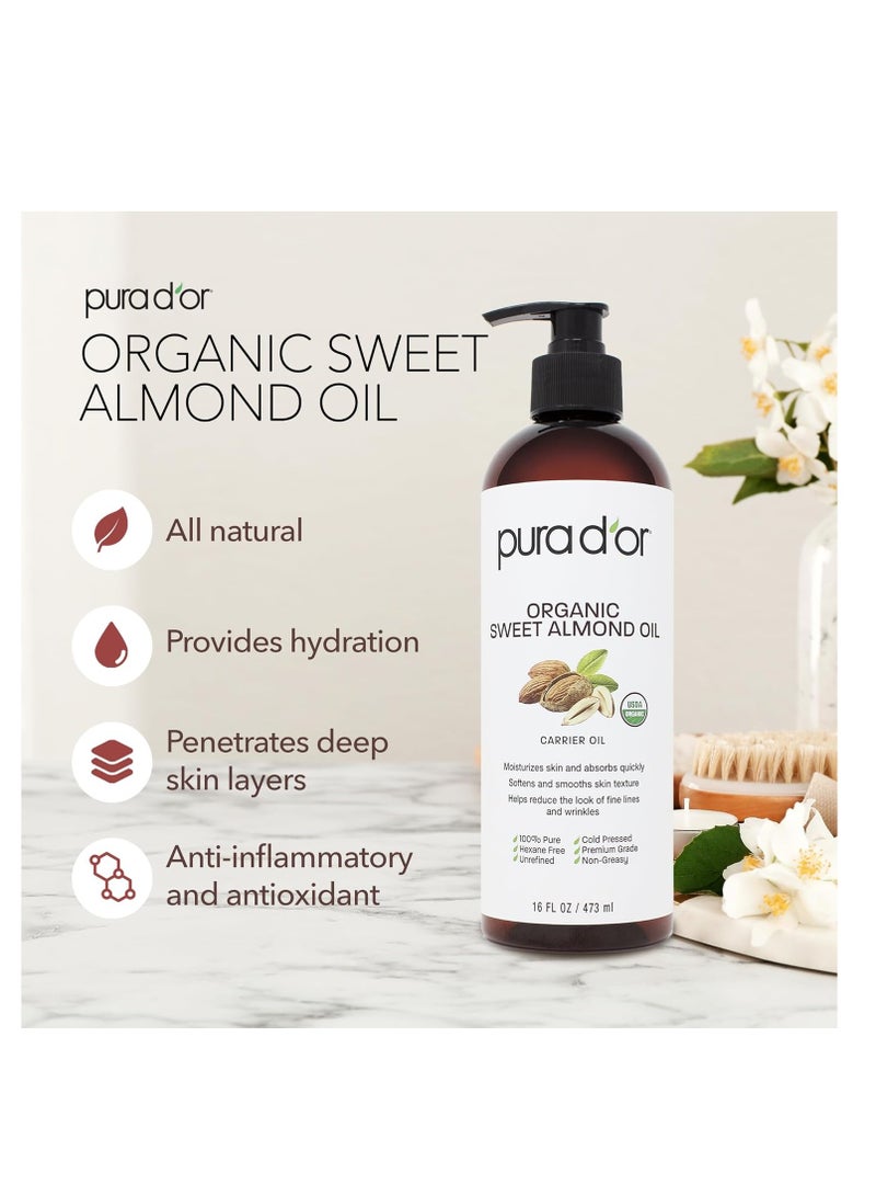 PURA D'OR 16 Oz ORGANIC Sweet Almond Oil - 100% Pure & Natural USDA Certified Cold Pressed Carrier Oil For DIY Beauty - Non-Greasy, Unscented, Hexane Free Moisturizer - Massage Oil For Hair & Skin