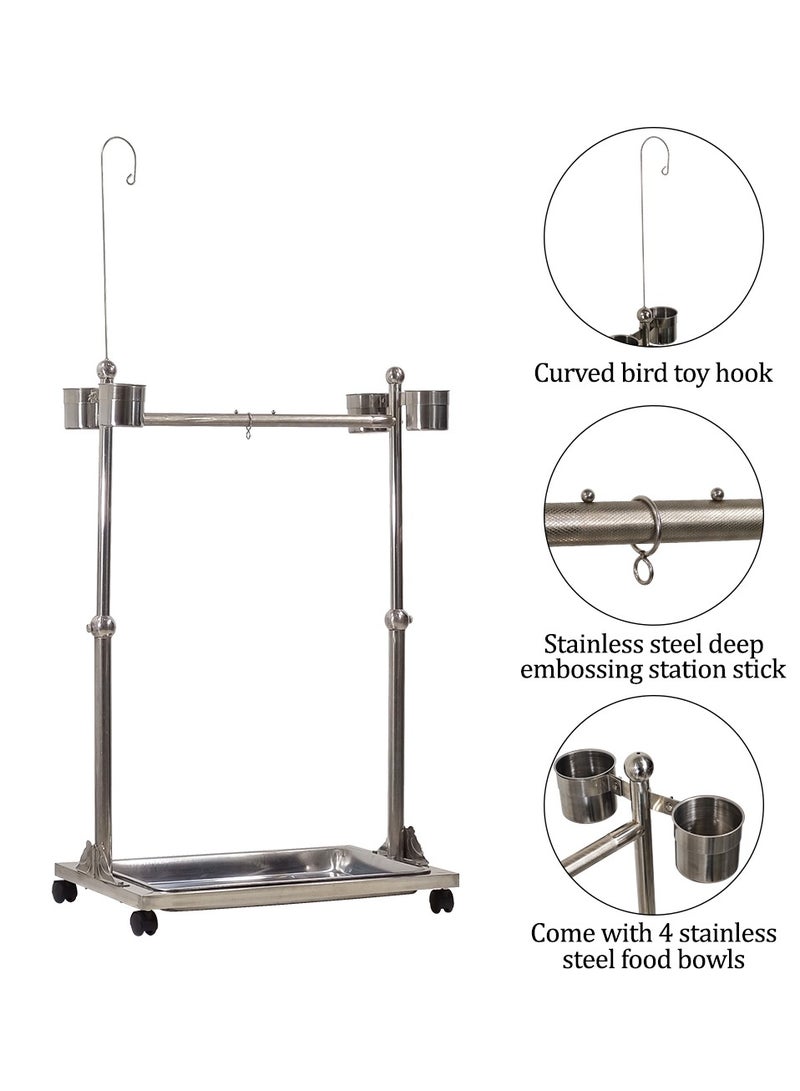 Bird stand, Adjustable stainless steel parrot stand Toy hook, Food bowls, Standing perch, Removable tray, and universal wheels, Bird play stand for indoor and outdoor 141 cm (Silver)