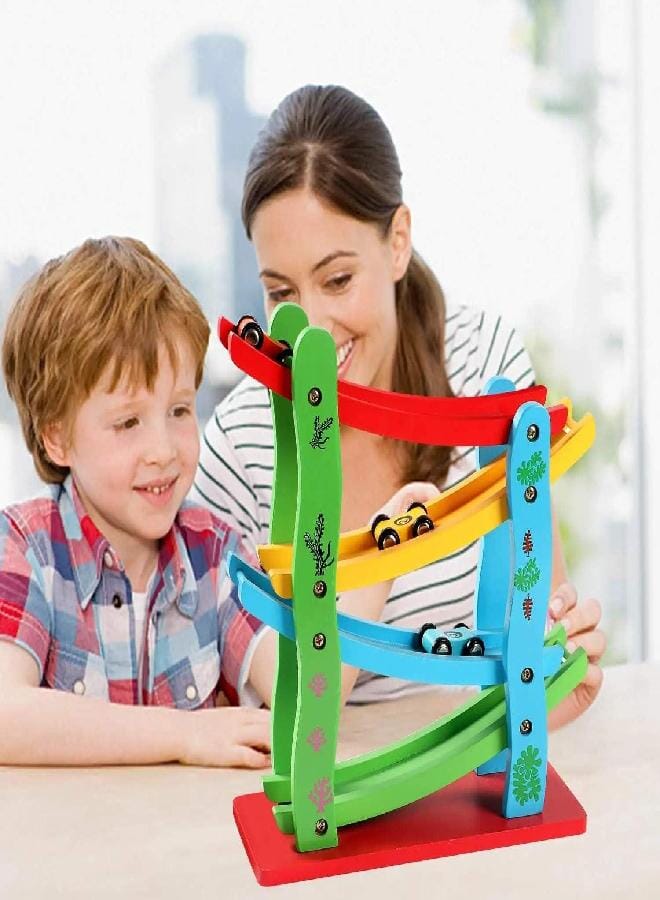 Wooden Car Race Track Ramp Toy for 3+ Year Old Toddler | Motor Skills Race Track Wooden Toy with 4 Cars and stable Base | Great Montessori Toys Gift for Toddlers.