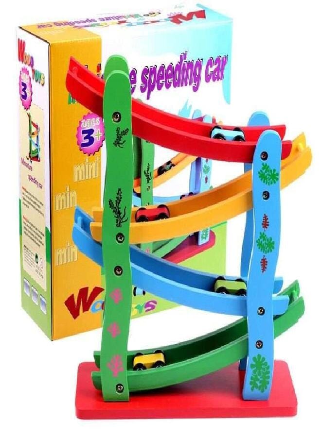 Wooden Car Race Track Ramp Toy for 3+ Year Old Toddler | Motor Skills Race Track Wooden Toy with 4 Cars and stable Base | Great Montessori Toys Gift for Toddlers.