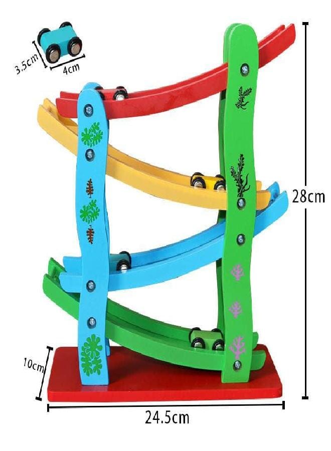 Wooden Car Race Track Ramp Toy for 3+ Year Old Toddler | Motor Skills Race Track Wooden Toy with 4 Cars and stable Base | Great Montessori Toys Gift for Toddlers.