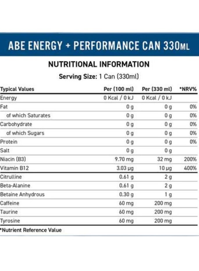 ABE Energy + Performance Energy Drink Apple & Elderflower Flavor 330ml Pack of 12