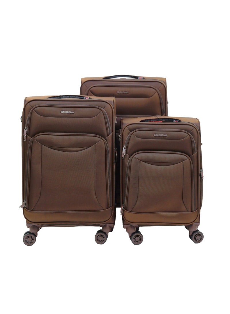 GIORDANO Casablanca Series Luggage Set Brown, 3 Piece Soft Nylon Lightweight Durable Expandable 4 Wheels Suitcase Trolley Bag With Secure 3 Digit Number Lock.(20/24/28 INCH)