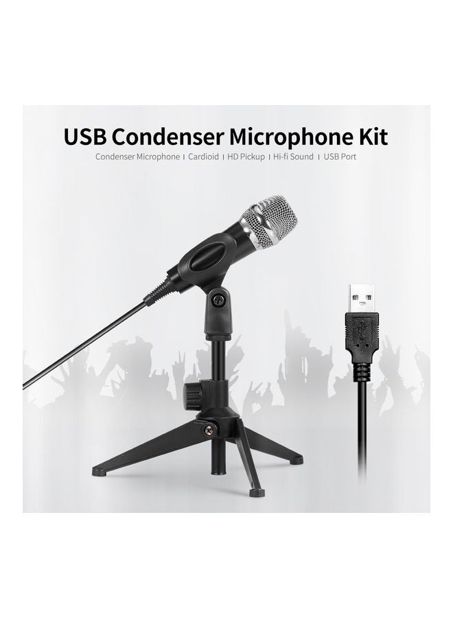 USB Wired Condenser Recording Microphone Kit Karaoke Voice Drive-free with Stand Black