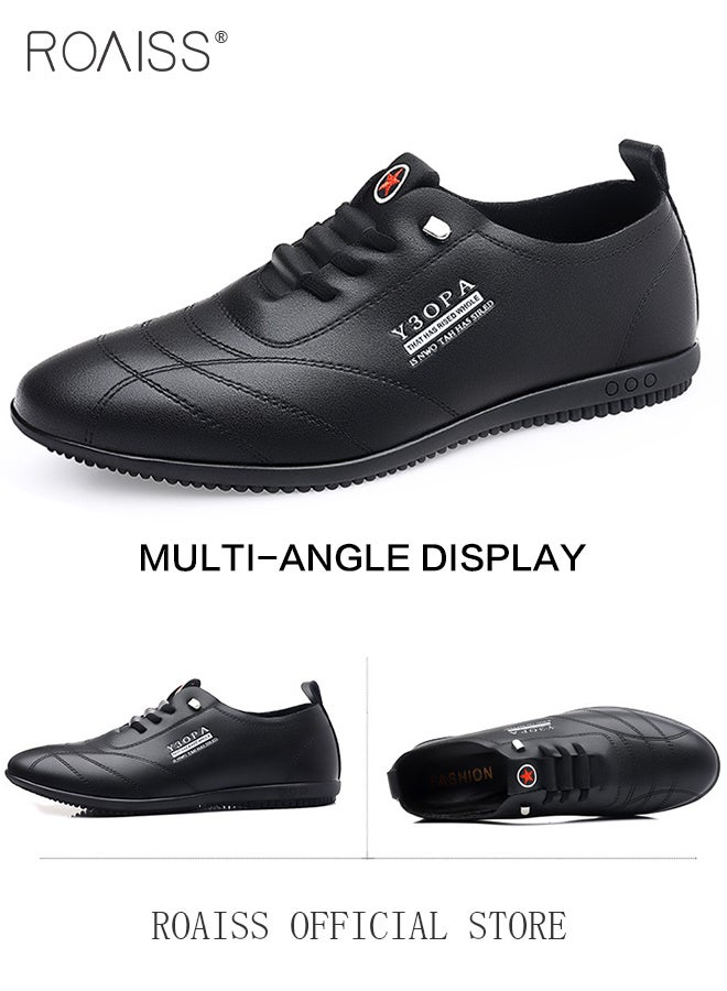 Soft Sole Leather Shoes for Men Letter Pattern Casual Round Toe Low Top Front Lace up Walking Shoes Mens Breathable Comfort Wear Resistant Anti Slip Business Outdoor Shoes