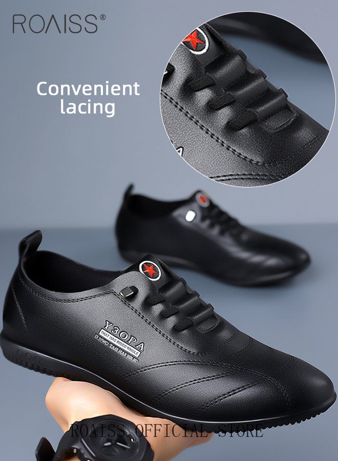 Soft Sole Leather Shoes for Men Letter Pattern Casual Round Toe Low Top Front Lace up Walking Shoes Mens Breathable Comfort Wear Resistant Anti Slip Business Outdoor Shoes