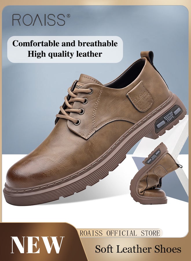 Men's Genuine Leather Lace-Up Oxfords Comfortable Round Toe Non Slip Work Shoes Casual Fashion Business Dress Shoes