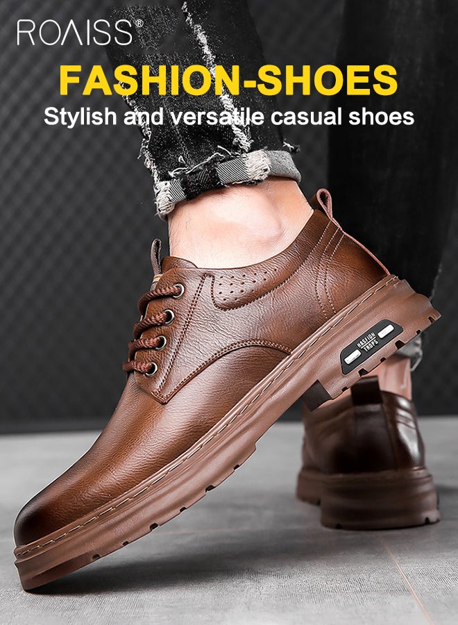 Men's Round Toe Two Layers Cowhide Thick Sole, Anti-slip And Wear-resistant Low-cut Lace-up Casual Leather Shoes