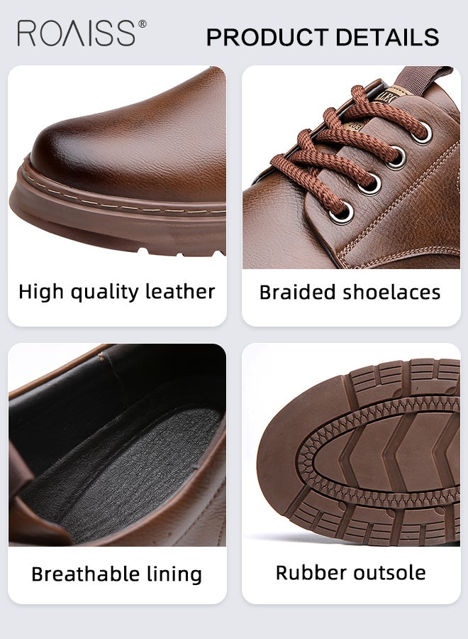 Men's Round Toe Two Layers Cowhide Thick Sole, Anti-slip And Wear-resistant Low-cut Lace-up Casual Leather Shoes