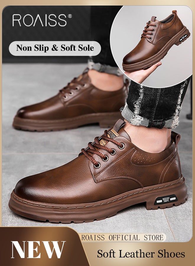 Men's Round Toe Two Layers Cowhide Thick Sole, Anti-slip And Wear-resistant Low-cut Lace-up Casual Leather Shoes