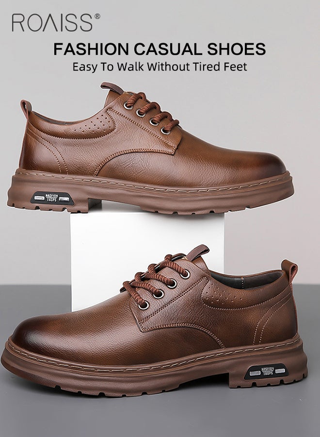 Men's Round Toe Two Layers Cowhide Thick Sole, Anti-slip And Wear-resistant Low-cut Lace-up Casual Leather Shoes