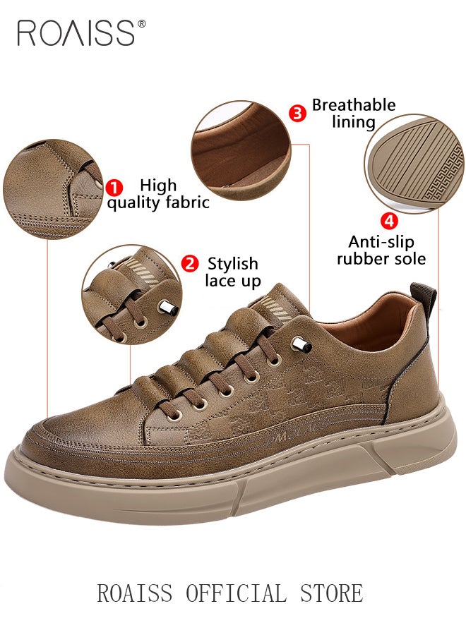 Business Casual Leather Shoes for Men Round Toe Low Top Front Lace up Anti Slip Driving Shoes Mens Retro Stretch Sole Comfort Wear Resistant Walking Shoes For All Seasons