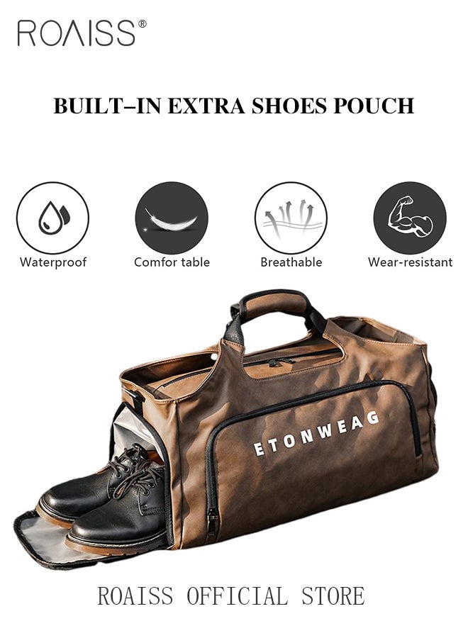 Unisex Multifunctional Large Capacity Fitness Bag Dry and Wet Separation Independent Shoe Position Sports Shoulder Bag PU Leather Waterproof Business Travel Luggage Bag