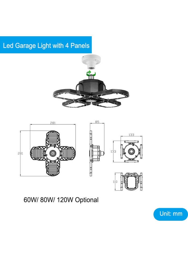 60 Led Garage Lights Deformable Folding Adjustable Ceiling Lamp Black 16.5 x 11.5 x 14.5cm