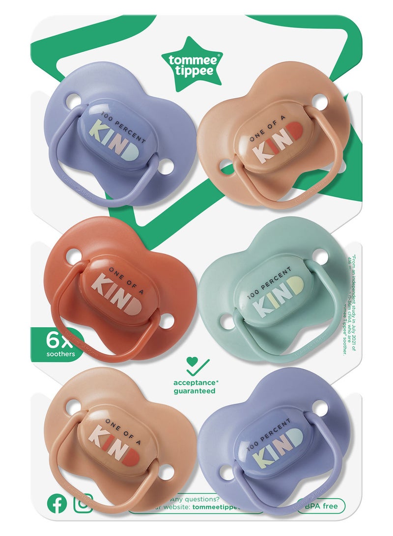 Pack Of 6 Anytime Soothers, Symmetrical Orthodontic Design, BPA-Free Silicone Baglet, 18-36 Months Multicolor