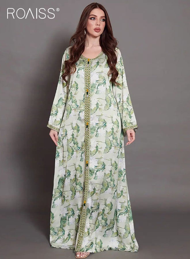 Printed Abaya Robes for Women Stylish Floral Print V-Collar Plus Size Muslim Maxi Dress Ladies Embroidery Decor Comfy Breathable Islamic Dresses Gown for Ramadan or Party