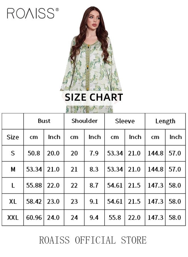 Printed Abaya Robes for Women Stylish Floral Print V-Collar Plus Size Muslim Maxi Dress Ladies Embroidery Decor Comfy Breathable Islamic Dresses Gown for Ramadan or Party