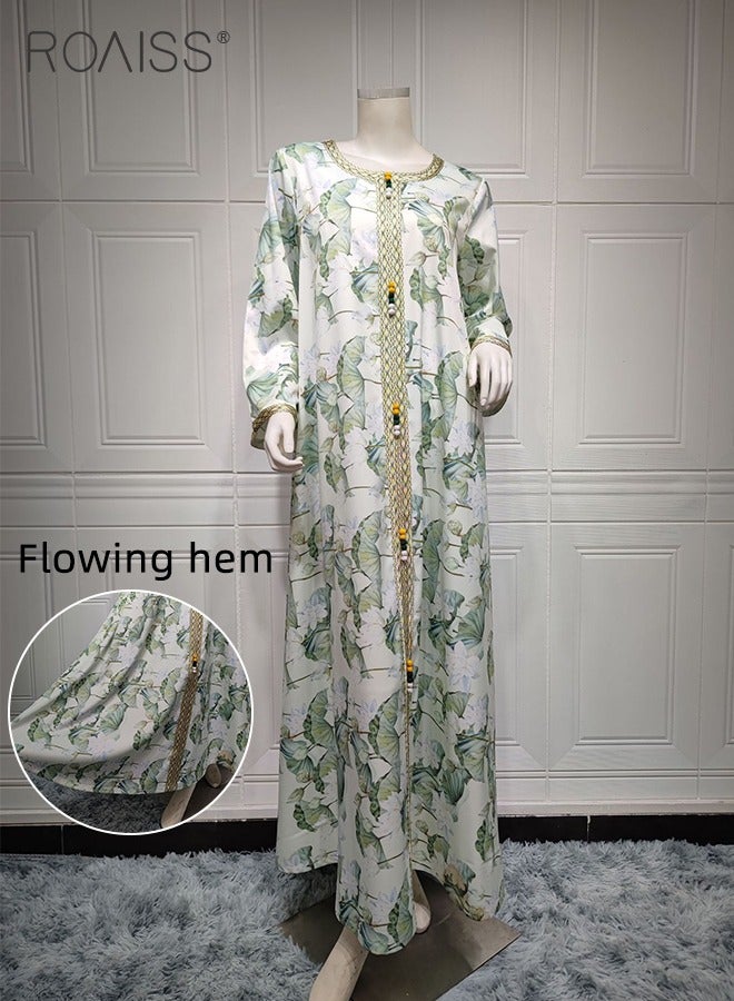 Printed Abaya Robes for Women Stylish Floral Print V-Collar Plus Size Muslim Maxi Dress Ladies Embroidery Decor Comfy Breathable Islamic Dresses Gown for Ramadan or Party