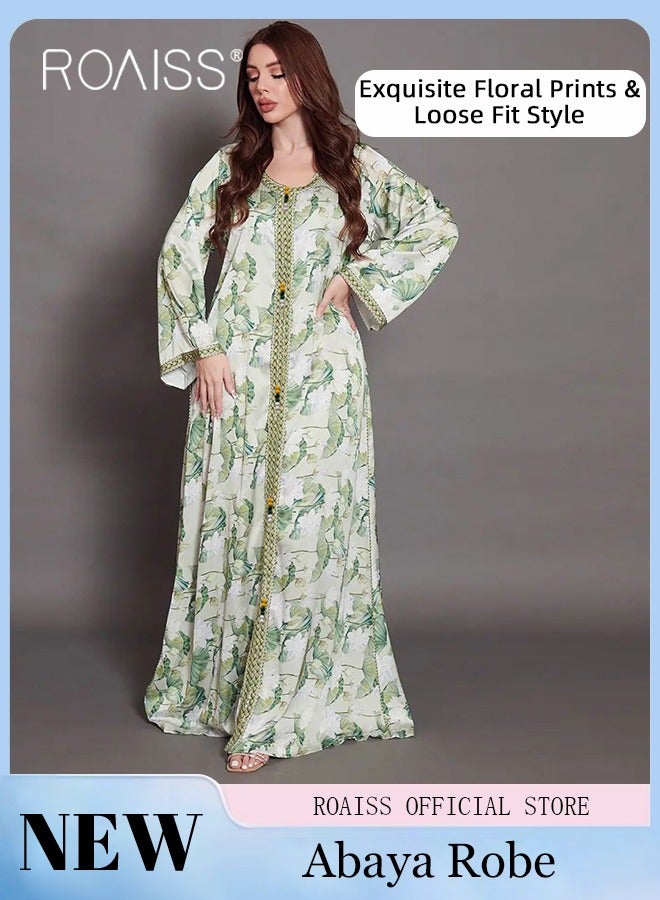 Printed Abaya Robes for Women Stylish Floral Print V-Collar Plus Size Muslim Maxi Dress Ladies Embroidery Decor Comfy Breathable Islamic Dresses Gown for Ramadan or Party